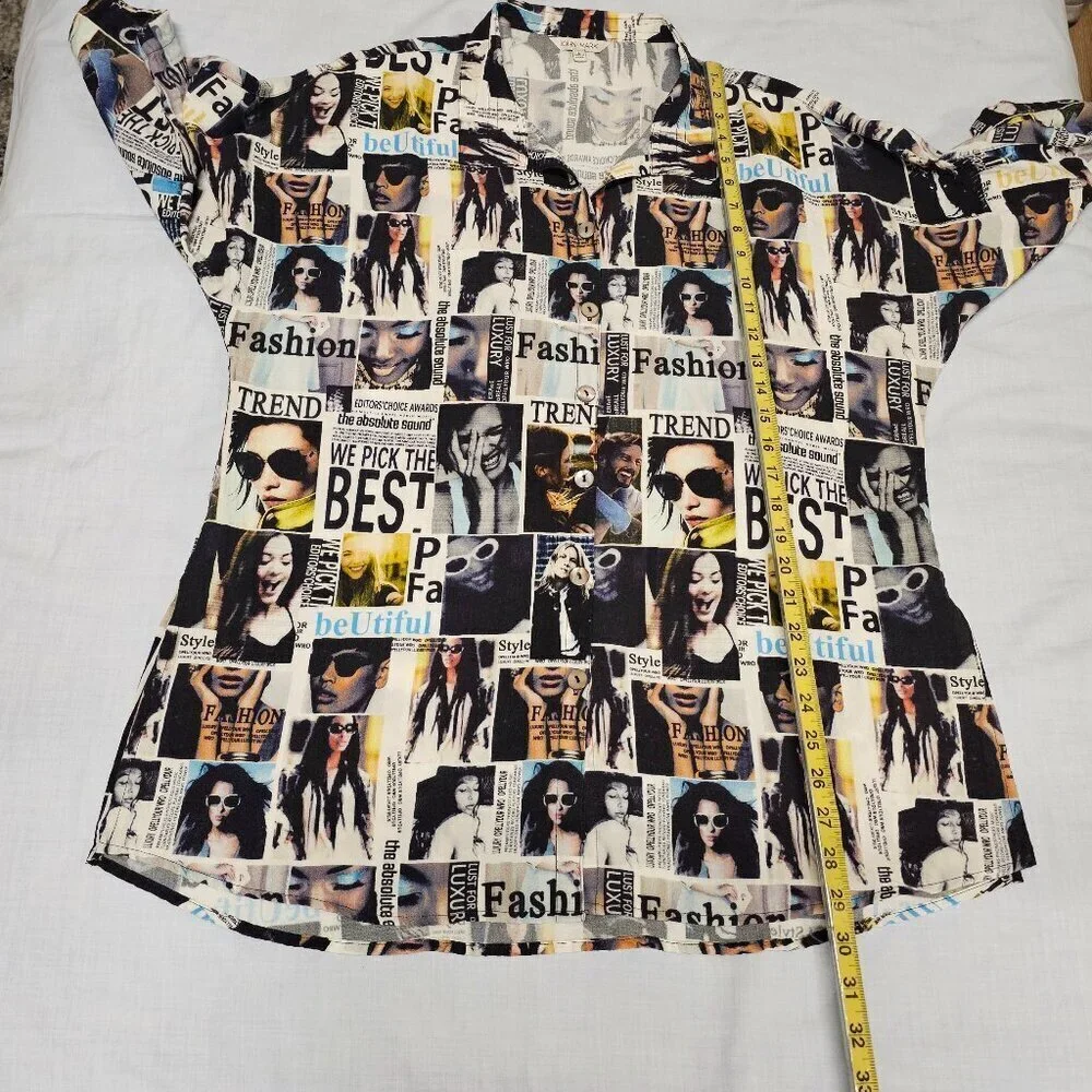John Mark Women Graphic Button Up Collared Top Blouse Shirt Size L Deep Slits - Picture 6 of 13